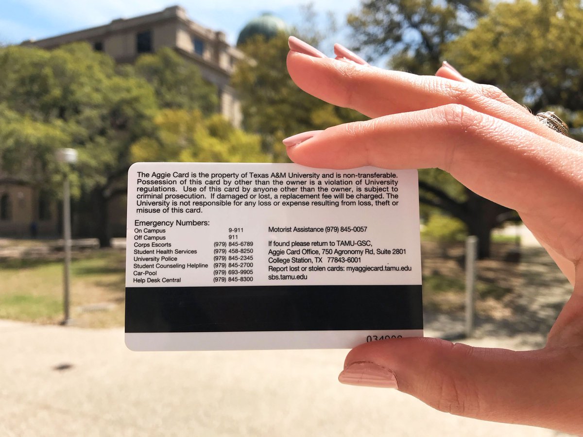 Did you know emergency contacts &amp; important campus phone numbers are on the back of your Student ID?  #tamu  @TAMUPolice: 845-2345 @AggieCorps Escorts: 845-6789 @TAMUhealth: 458-8250 @TAMU_CAPS Helpline: 845-2700 @tamucarpool: 693-9905 @TAMU_IT Help Desk: 845-8300