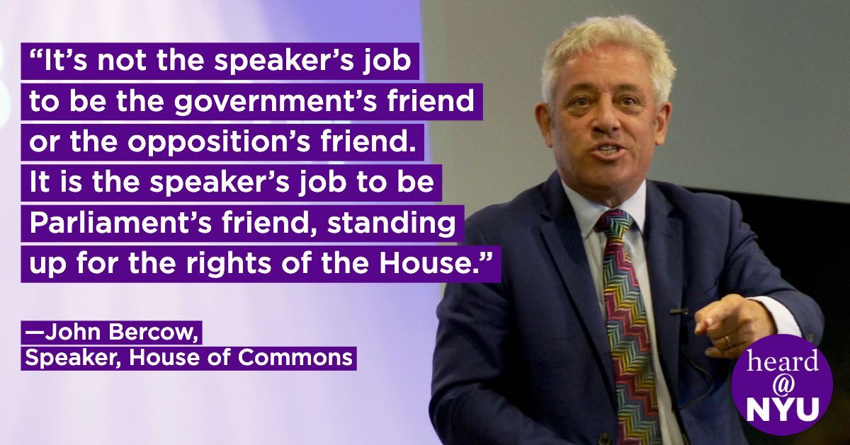 Heard on campus: UK Speaker of the House of Commons John Bercow told @nyu_journalism students that Parliament should have the final say about #Brexit—and predicted that the debate could stretch on for as long as 20 years: